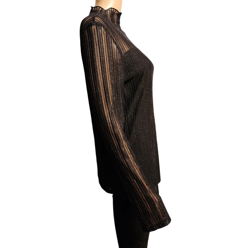 Semi Sheer Black Shimmery Mock Neck Blouse Size L - Picture 3 of 11